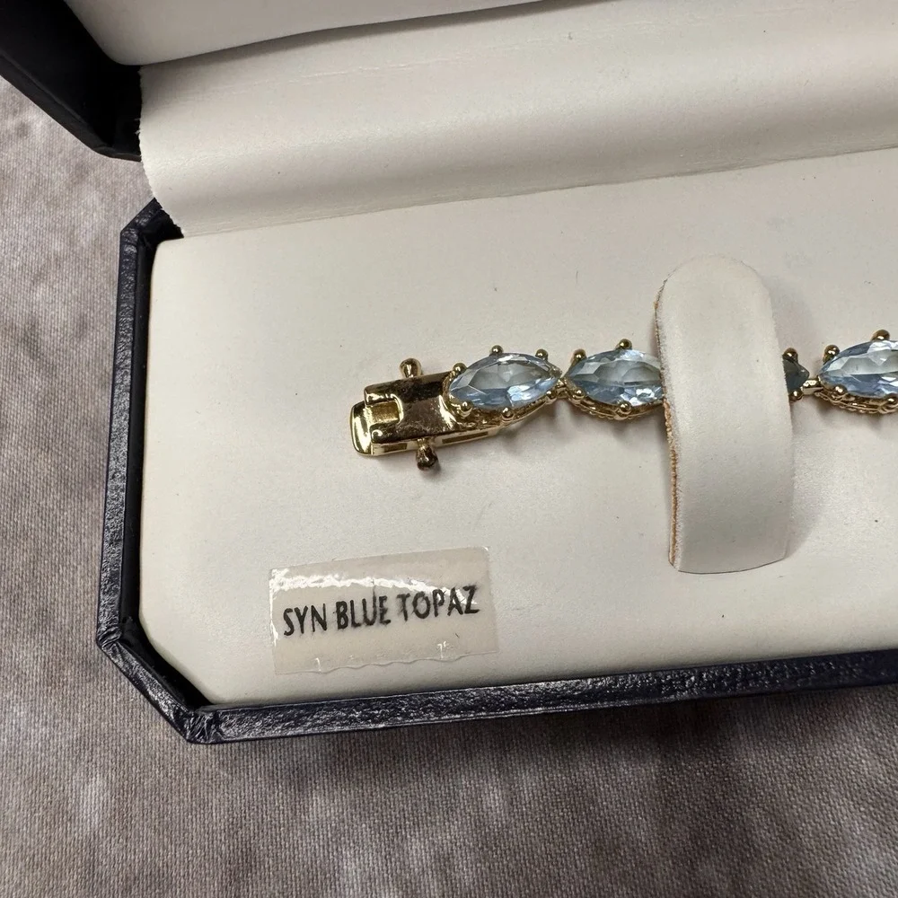 Vintage 18K Gold Vermeil 925 Sterling Silver Blue Topaz Tennis Bracelet 7.25